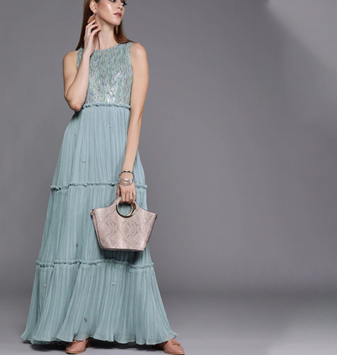 Women Blue Sequin Embroidered Yoke with Accordion Pleated Tiered Dress